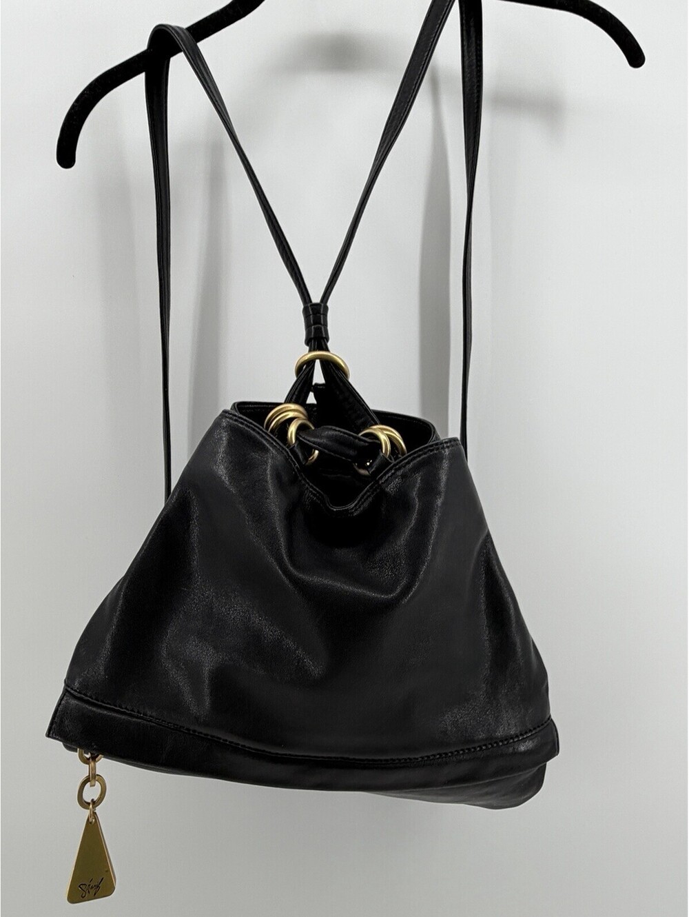 Americana by Sharif Black Leather Drawstring Bucket Bag